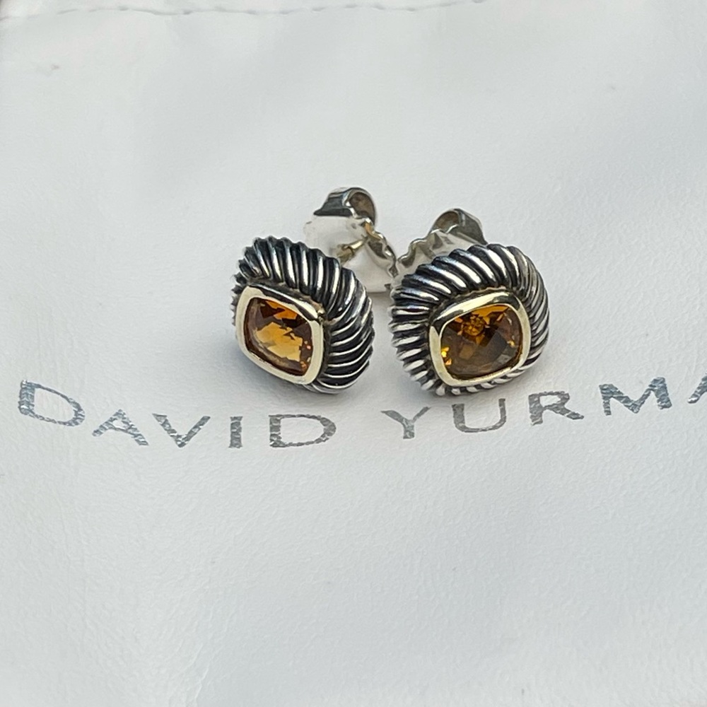 Authentic David Yurman Citrine Albion Stud Earrings in Solid Sterling & 14K Gold